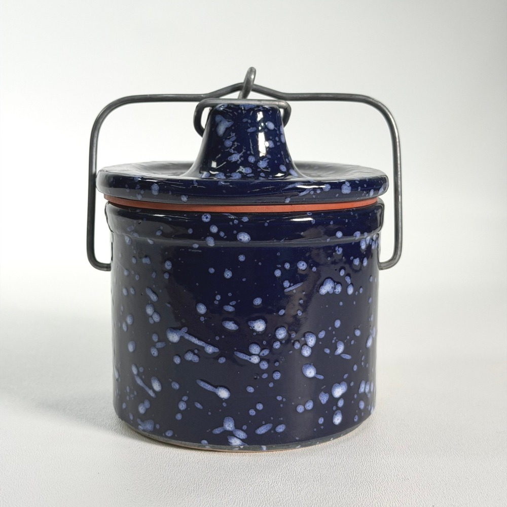 VTG Blue Spongeware Stoneware Crock Jar Small Blue Country Primitive Farmhouse